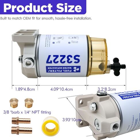 S3227 Fuel Filter Water Separator with Clear Bowl Assembly 3/8" Barb x 1/4" NPT Fittings Replacement for Marine Outboard Motor Mercury Replaces 320R, 490R-RAC-01, 18-7948, 9-37882, 18-7922, 18-7922-1 in Kuwait