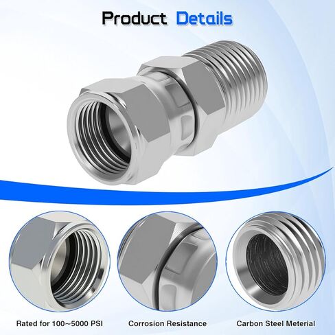 محول دوار هيدروليكي 1/4 بوصة ذكر NPTF × 3/8 بوصة أنثى JIC 37 درجة، 6505-04-06 موصل وصلات الأنابيب المستقيمة 360 درجة من الفولاذ الكربوني لتركيب الخرطوم الهيدروليكي (عبوتان) in Kuwait