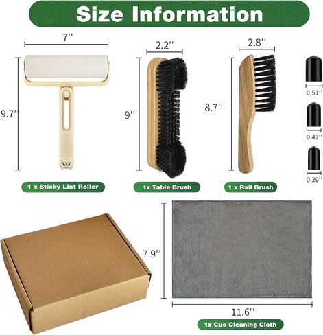 Pool Table Brush Accessories 10 Set，Billiards Pool Table Brush Cleaning Kit with 2 Wooden Brushes, Pool Cue Stick Cleaning Cloth, Billiards Cue Head Protective Sheath, Sticky Lint Roller in Saudi Arabia