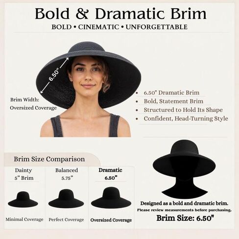 Miu Wide Brim Audrey Hepburn Hat - قابلة للتعديل ومصنوعة من قش طبيعي 100 ٪ | قبعة سوداء أنيقة متميزة - حماية مثالية لأشعة الشمس للنساء in Kuwait