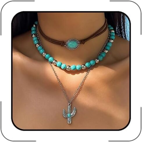 CSIYANJRY99 Layered Western Necklaces for Women Vintage Turquoise Beaded Western Jewelry for Women Ox-head Cactus Cross Chain Necklaces Country Concert Cowgirl Dresses Accessories in Kuwait