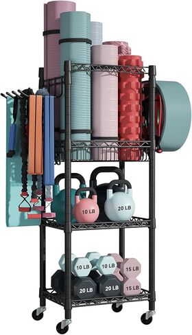 S1 Home Gym Storage، منظم معدات التمرين من 3 طبقات مع عجلات لسجادات اليوغا، الأسطوانة الإسفنجية، الدمبل، أجراس كيتل، وأشرطة المقاومة، 47.4 بوصة ارتفاع × 27.5 بوصة طول × 11.8 بوصة عمق، أسود in Kuwait