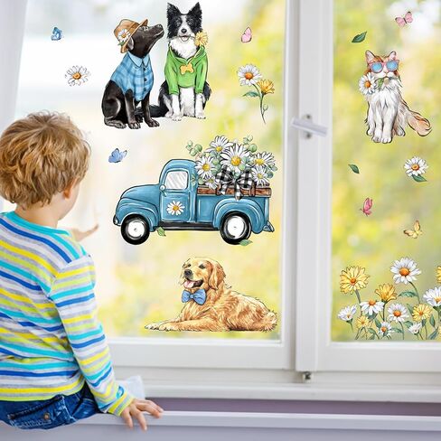 Yovkky Hello Spring Dog Cat Window Clings 9 Sheets, Golden Retriever Puppy Kitty Daisy Flower Blue Truck Farmhouse Stickers Decals Decor, Floral Eucalyptus Butterfly Home Kitchen Decorations in Kuwait