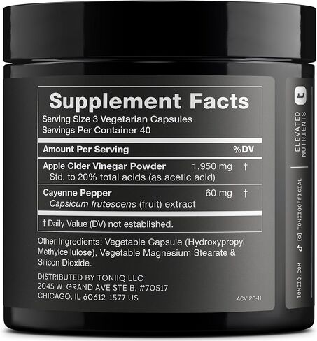 Toniiq Apple Cider Vinegar Capsules - Ultra High Potency 2,010mg Formula with 20% Acetic Acid & Cayenne Pepper - Made with the Mother - Third-Party Lab Tested - 120 Capsules in Saudi Arabia