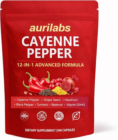 Aurilabs Cayenne Pepper softgels - Vitamin D3+K2 Complex, Circulation Support Formula with Capsaicin & Botanicals, Vegetarian, Non-GMO Softgels for Daily Wellness (1) in Saudi Arabia