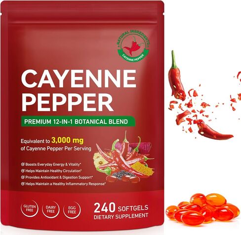 Cayenne Pepper Capsules, Cayenne Pepper Capsaicin Supplements with Vitamin E D3 K2 & Grape Seed, Hawthorn, Beetroot Extracts - Supports Leg Vein, Heart & Circulatory Health - 240 Softgels in Kuwait