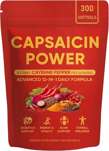 Capsaicin Power - Cayenne Pepper Softgels, Capsaicin Supplements with Vitamin E, D3 & K2, Grape Seed, Beetroot & Turmeric Extract, 300 Soft gels in Kuwait