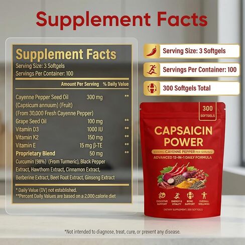 Capsaicin Power - Cayenne Pepper Softgels, Capsaicin Supplements with Vitamin E, D3 & K2, Grape Seed, Beetroot & Turmeric Extract, 300 Soft gels in Kuwait