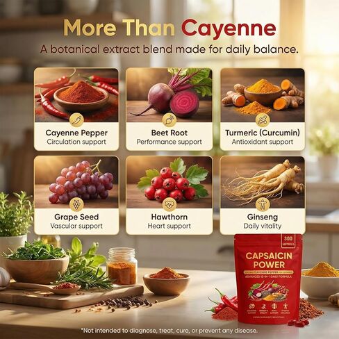 Capsaicin Power - Cayenne Pepper Softgels, Capsaicin Supplements with Vitamin E, D3 & K2, Grape Seed, Beetroot & Turmeric Extract, 300 Soft gels in Kuwait