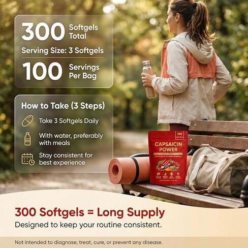 Capsaicin Power - Cayenne Pepper Softgels, Capsaicin Supplements with Vitamin E, D3 & K2, Grape Seed, Beetroot & Turmeric Extract, 300 Soft gels in Kuwait