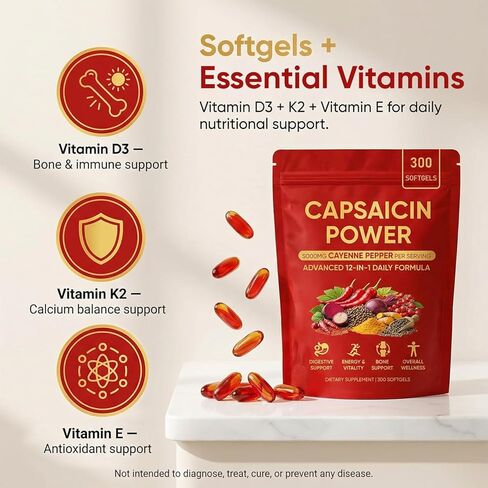 Capsaicin Power - Cayenne Pepper Softgels, Capsaicin Supplements with Vitamin E, D3 & K2, Grape Seed, Beetroot & Turmeric Extract, 300 Soft gels in Kuwait