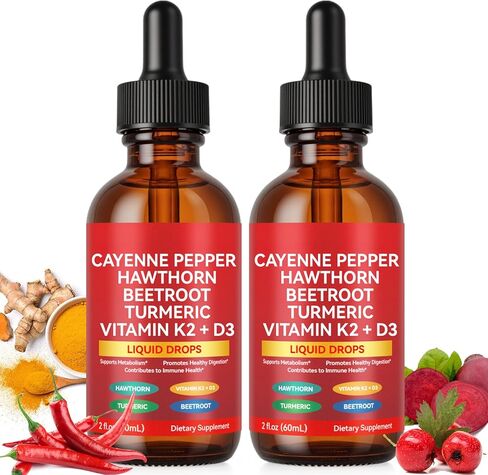 2 Pack Cayenne Pepper Drops, Liquid Cayenne Pepper Organic, Cayenne Health Supplements, Cayenne Pepper Hawthorn Beet Root Turmeric Curcumin, Vitamin K2 & D3, Vegan-Friendly in Kuwait