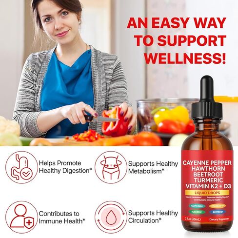 2 Pack Cayenne Pepper Drops, Liquid Cayenne Pepper Organic, Cayenne Health Supplements, Cayenne Pepper Hawthorn Beet Root Turmeric Curcumin, Vitamin K2 & D3, Vegan-Friendly in Kuwait