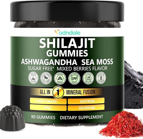Adndale Himalayan Natural Shilajit Gummies for Men & Women, Sugar-Free Mixed Berries Flavor - with Ashwagandha, Sea Moss, Lion’s Mane & Saffron + Zinc & Selenium - 90 Gummies (45 Servings) in Kuwait