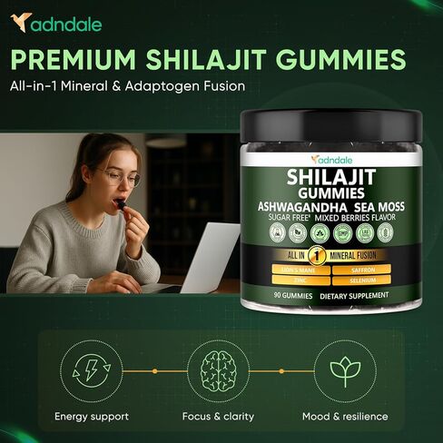 Adndale Himalayan Natural Shilajit Gummies for Men & Women, Sugar-Free Mixed Berries Flavor - with Ashwagandha, Sea Moss, Lion’s Mane & Saffron + Zinc & Selenium - 90 Gummies (45 Servings) in Kuwait