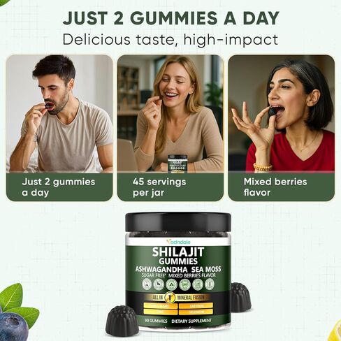 Adndale Himalayan Natural Shilajit Gummies for Men & Women, Sugar-Free Mixed Berries Flavor - with Ashwagandha, Sea Moss, Lion’s Mane & Saffron + Zinc & Selenium - 90 Gummies (45 Servings) in Kuwait
