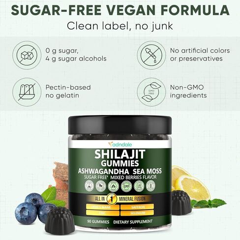 Adndale Himalayan Natural Shilajit Gummies for Men & Women, Sugar-Free Mixed Berries Flavor - with Ashwagandha, Sea Moss, Lion’s Mane & Saffron + Zinc & Selenium - 90 Gummies (45 Servings) in Kuwait