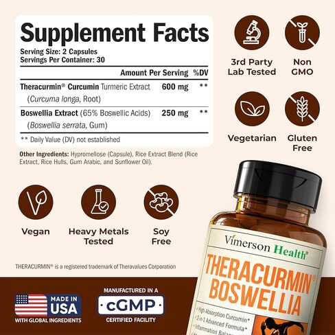 Advanced Turmeric Curcumin Supplement for Joint Support & Inflammation – Enhanced Absorption Theracurmin 600mg with Boswellia Serrata for Mobility & Recovery – Vegan, Gluten Free – 60 Capsules in Saudi Arabia