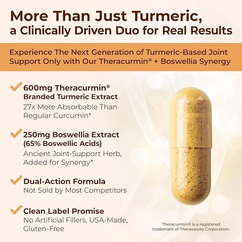 Advanced Turmeric Curcumin Supplement for Joint Support & Inflammation – Enhanced Absorption Theracurmin 600mg with Boswellia Serrata for Mobility & Recovery – Vegan, Gluten Free – 60 Capsules in Saudi Arabia