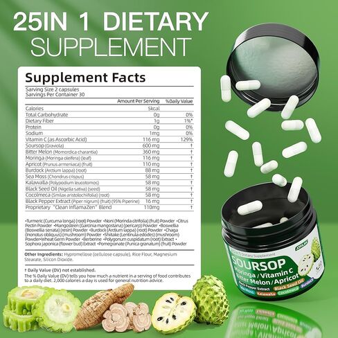 25-in-1 Soursop Supplement with Graviola, Berberine & Bitter Melon Antioxidant Blend with Turmeric Moringa Sea Moss Burdock Root Vitamin C 60 Capsules (1) in Saudi Arabia