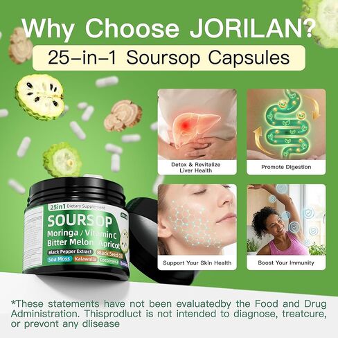 25-in-1 Soursop Supplement with Graviola, Berberine & Bitter Melon Antioxidant Blend with Turmeric Moringa Sea Moss Burdock Root Vitamin C 60 Capsules (1) in Saudi Arabia