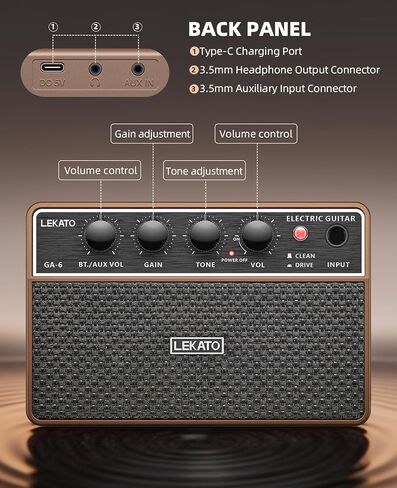 LEKATO 10W Mini Guitar Amp, Portable Electric Guitar Amplifier with Clean/Overdrive Channel, Headphone Jack, AUX Input, Bluetooth, Rechargeable Amp for Home and Travel Practice in Saudi Arabia