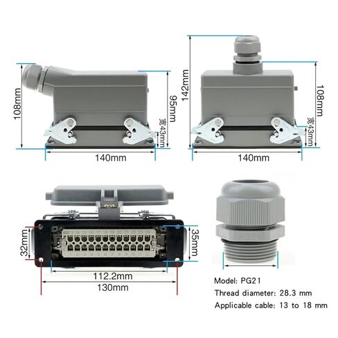 HDC-HE-024 Rectangular Heavy Duty Connector 24 Pins Industrial Aviation Waterproof Plug Socket with Protective Cover 500V 16A(24 Core Top Outgoing) in Saudi Arabia