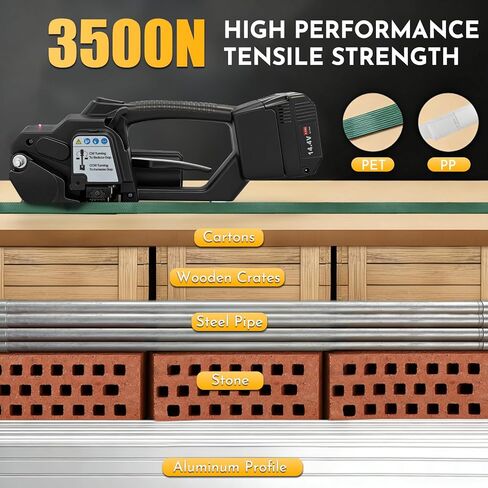 أداة ربط كهربائية لاسلكية لأشرطة PP/PET، شد قابل للتعديل 3500N، آلة ربط محمولة تعمل بالبطارية المزدوجة للكرتون والمنصات والتعبئة الصناعية in Kuwait