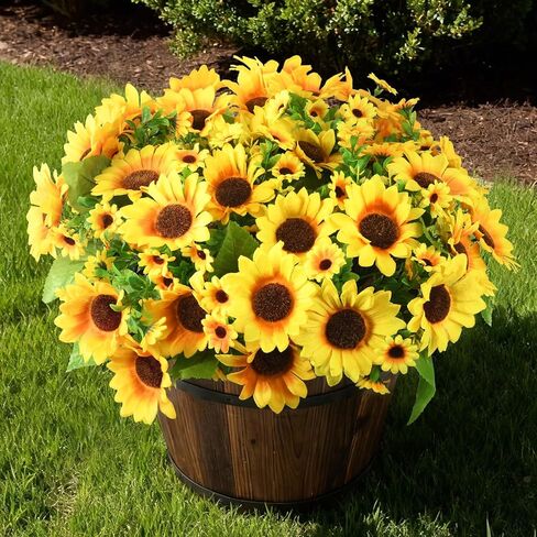 Homsunny Fall Artificial Flowers in Ceramics Vase, Silk Flower Arrangements, Faux Sunflowers Bouquets with Vase for Desktop Decoration (Ripple Ceramic Sunflower) in Kuwait