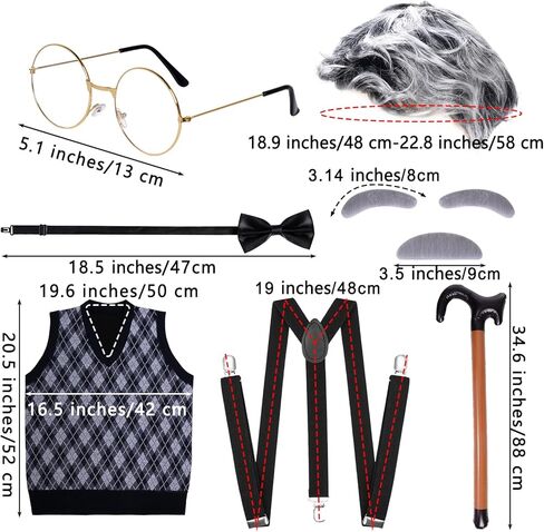 7 PCS Adult 100 Days of School Men Costume, 100 Days of School Man Costume for Halloween Grandpa Costume 1920s Old Man Dress Up Outfit Accessories in Kuwait