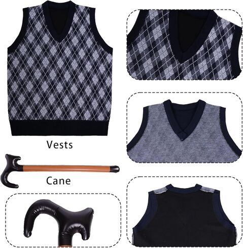 7 PCS Adult 100 Days of School Men Costume, 100 Days of School Man Costume for Halloween Grandpa Costume 1920s Old Man Dress Up Outfit Accessories in Kuwait