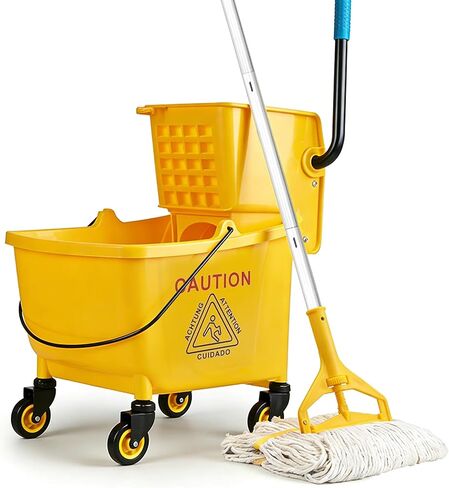 33 Qt Commercial Mop Bucket, with Side-Press Wringer on Wheels. Includes an Industrial Mop. Yellow Industrial Mop Bucket, Suitable for Home, Commercial, Restaurant Cleaning in Saudi Arabia