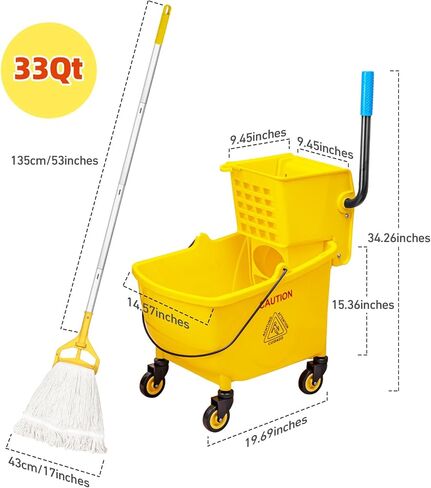 33 Qt Commercial Mop Bucket, with Side-Press Wringer on Wheels. Includes an Industrial Mop. Yellow Industrial Mop Bucket, Suitable for Home, Commercial, Restaurant Cleaning in Saudi Arabia