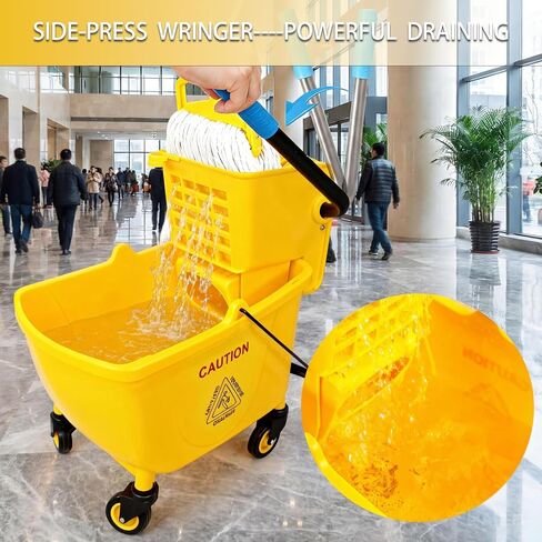 33 Qt Commercial Mop Bucket, with Side-Press Wringer on Wheels. Includes an Industrial Mop. Yellow Industrial Mop Bucket, Suitable for Home, Commercial, Restaurant Cleaning in Saudi Arabia