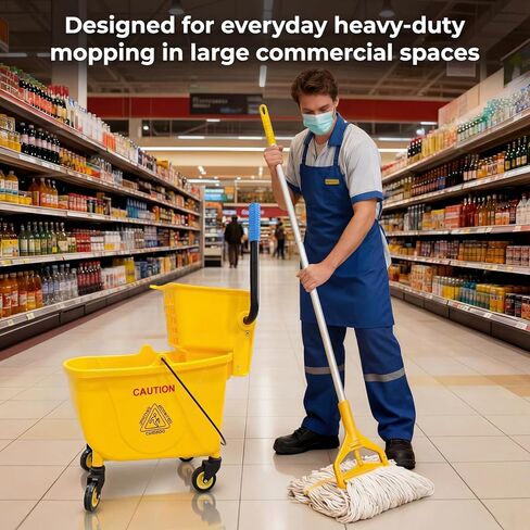 33 Qt Commercial Mop Bucket, with Side-Press Wringer on Wheels. Includes an Industrial Mop. Yellow Industrial Mop Bucket, Suitable for Home, Commercial, Restaurant Cleaning in Saudi Arabia