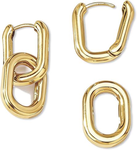 18K Two Tone Gold Silver Earrings for Women Rectangle Mixed Metal Silver Gold Hoop Earrings Gold Link Chunky Earring Women Jewelry Gift in Kuwait