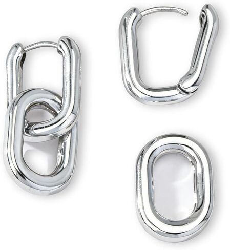 18K Two Tone Gold Silver Earrings for Women Rectangle Mixed Metal Silver Gold Hoop Earrings Gold Link Chunky Earring Women Jewelry Gift in Kuwait