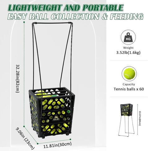 Tennis Ball Basket Tennis Ball Hopper with Wheels | 60 Balls Capacity Lightweight Collector | No-Bend Hands-Free Ball Retrieval Tool for Training & Court Use in Kuwait