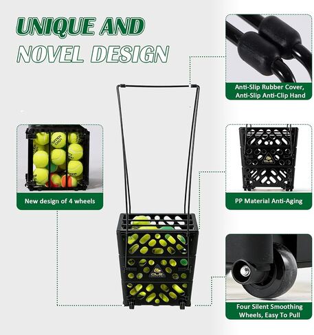 Tennis Ball Basket Tennis Ball Hopper with Wheels | 60 Balls Capacity Lightweight Collector | No-Bend Hands-Free Ball Retrieval Tool for Training & Court Use in Kuwait