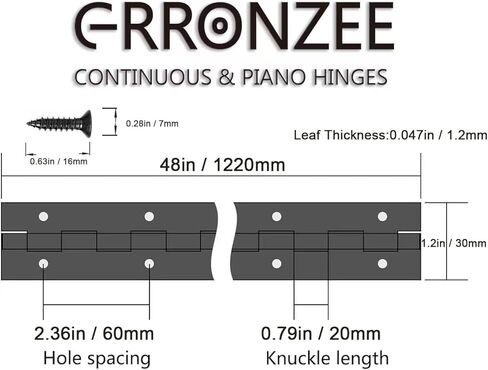 Heavy Duty Piano Hinge 48 Inch Long x 1.2 Inch Open Width Stainless Steel Black Continuous Hinge for Cabinet, Door, DIY Wood Boxes, 0.047" Leaf Thickness in Kuwait