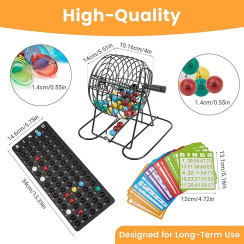 Bingo Game Set, Includes Bingo Wheel Cage, 75 Colored Bingo Balls, 50 Bingo Cards, 300 Colorful Bingo Chips, Master Board, Great for Large Groups, Parties in Kuwait
