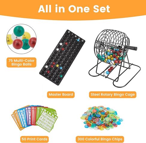 Bingo Game Set, Includes Bingo Wheel Cage, 75 Colored Bingo Balls, 50 Bingo Cards, 300 Colorful Bingo Chips, Master Board, Great for Large Groups, Parties in Kuwait