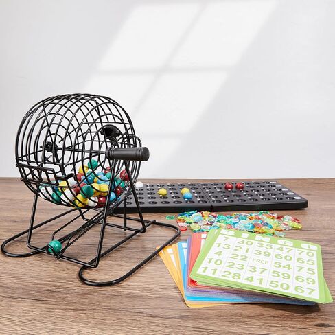 Bingo Game Set, Includes Bingo Wheel Cage, 75 Colored Bingo Balls, 50 Bingo Cards, 300 Colorful Bingo Chips, Master Board, Great for Large Groups, Parties in Kuwait