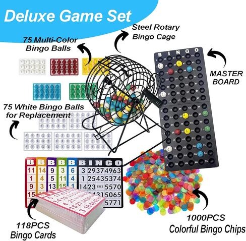 Deluxe Bingo Game for Adults Large Group, Includes 8" Bingo Cage with Big Storage Bag, 1000 Colorful Chips,118 Bingo Cards,75 Colored Balls,75 White Balls for Replacement, Master Board and 2 small Bag in Kuwait