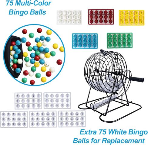 Deluxe Bingo Game for Adults Large Group, Includes 8" Bingo Cage with Big Storage Bag, 1000 Colorful Chips,118 Bingo Cards,75 Colored Balls,75 White Balls for Replacement, Master Board and 2 small Bag in Kuwait