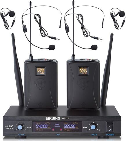 نظام ميكروفون لاسلكي ذو 4 قنوات UHF مع ميكروفونات سماعة الرأس Lavalier، ترددات قابلة للتعديل 4 × 50، مثالي لكنيسة اجتماعات الكاريوكي، نطاق 300 قدم (2 محمول 2 حقيبة محمولة) in Kuwait