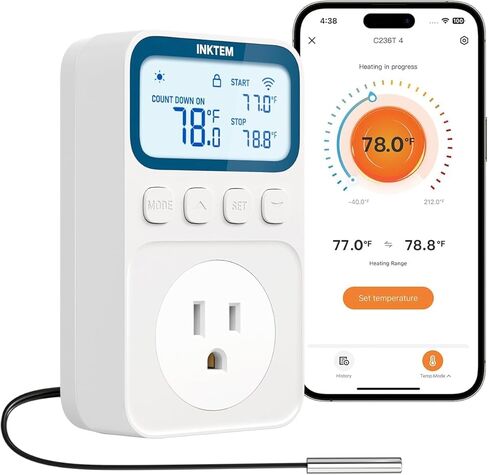 WiFi Plug in Thermostat Outlet, Temperature Controlled Outlet Space Heater, Duration Timer & Smart Memory Digital Temp Controller -40~212℉, IP67 Waterproof Probe for Incubator Homebrew Reptile in Saudi Arabia