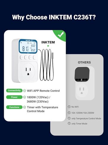 WiFi Plug in Thermostat Outlet, Temperature Controlled Outlet Space Heater, Duration Timer & Smart Memory Digital Temp Controller -40~212℉, IP67 Waterproof Probe for Incubator Homebrew Reptile in Saudi Arabia