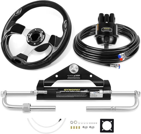 150HP Hydraulic Outboard Steering Kit, Marine Hydraulic Steering System with Bi-Directional Locking Cylinders and 24 ft High Strength Nylon Hose, Single Station, Single Engine Use in Kuwait