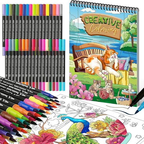 Kalysky Adult Coloring Book Set - 30 Pages Spiral Bound Coloring Book for Adults Relaxation with 36 Premium Markers | Stress Relief, Art Therapy, Mindfulness Gift for Women in Kuwait